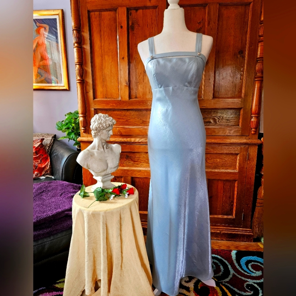 Powder Blue Shimmer Evening Gown With Elegant Detailing. Perfect For Prom